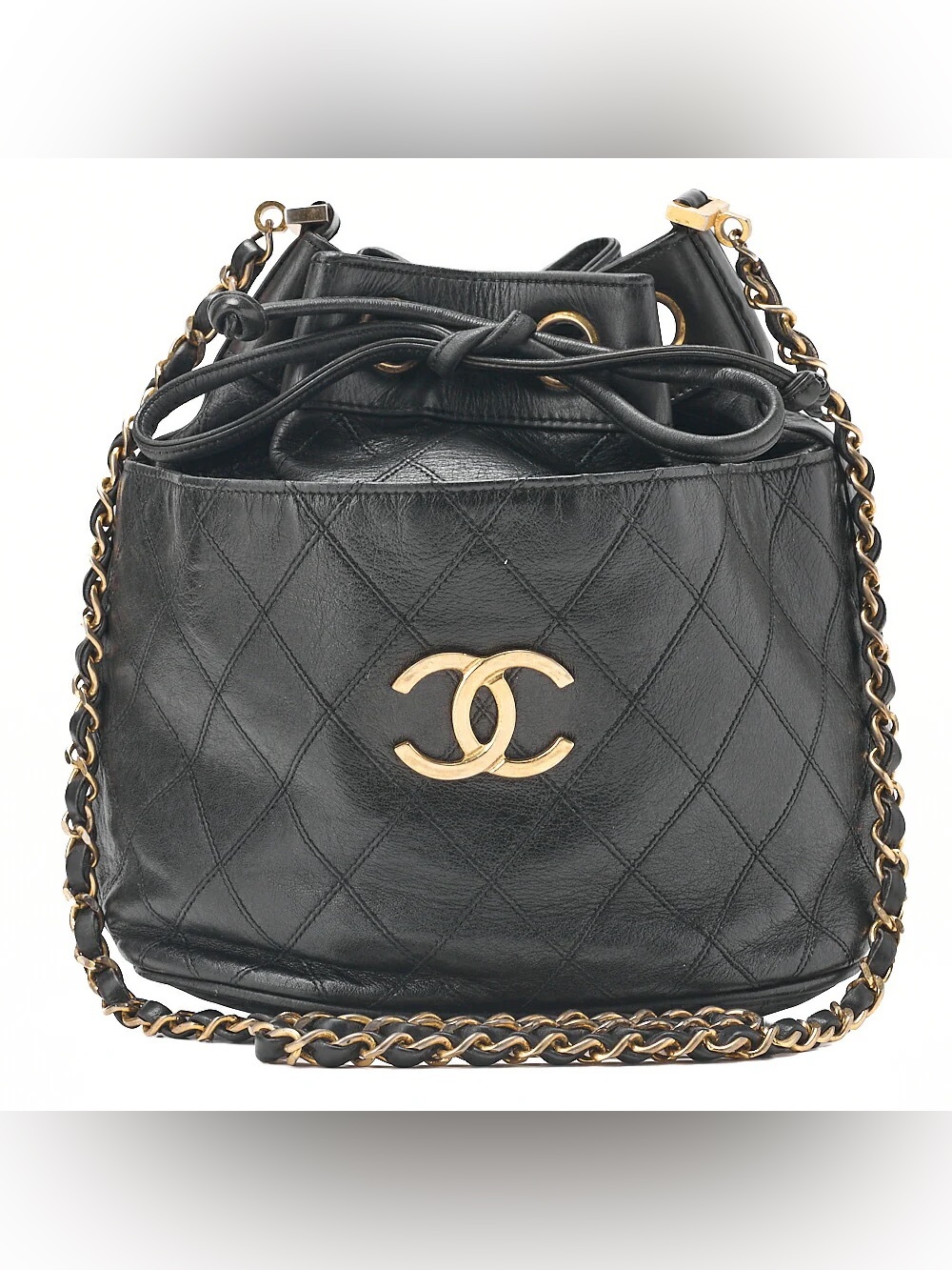 Authentic Chanel vintage 1988 lambskin leather bucket 24k gold hardware bag